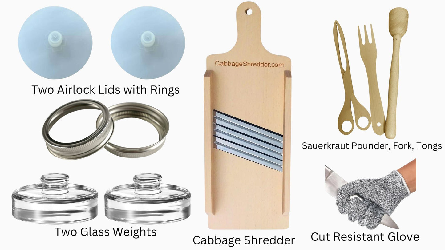 Cabbage Shredder & Fermentation Kit for Wide Mouth Mason Jars - Sauerkraut Making Kit, Pickle Kit, Kimchi Fermenting Kit - Fermentation Airlock Lids & Glass Weights, Sauerkraut Slicer & Pounder