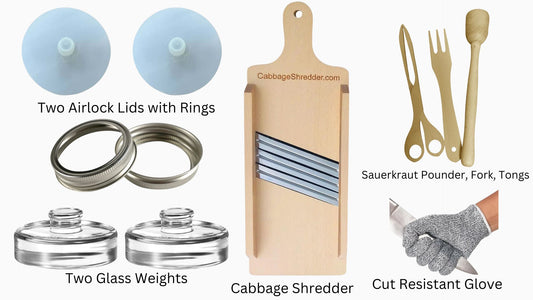 Cabbage Shredder & Fermentation Kit for Wide Mouth Mason Jars - Sauerkraut Making Kit, Pickle Kit, Kimchi Fermenting Kit - Fermentation Airlock Lids & Glass Weights, Sauerkraut Slicer & Pounder