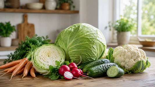 Fresh cabbage, carrots, cucumbers, and other vegetables prepared for homemade fermentation