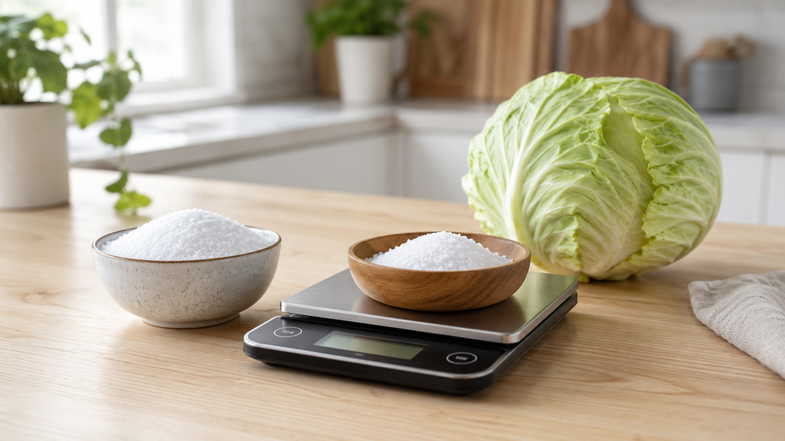 Salt measured on a digital kitchen scale beside fresh cabbage in a bright modern kitchen