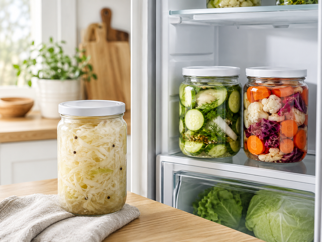 Glass jars of fermented vegetables stored in a bright modern kitchen refrigerator