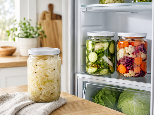 Glass jars of fermented vegetables stored in a bright modern kitchen refrigerator