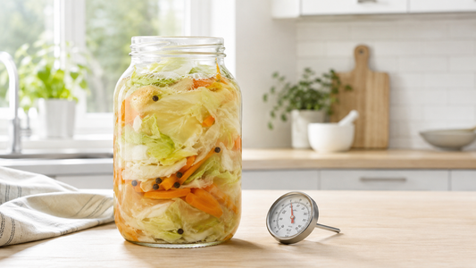 Jar of fermenting vegetables beside a kitchen thermometer in a bright modern kitchen