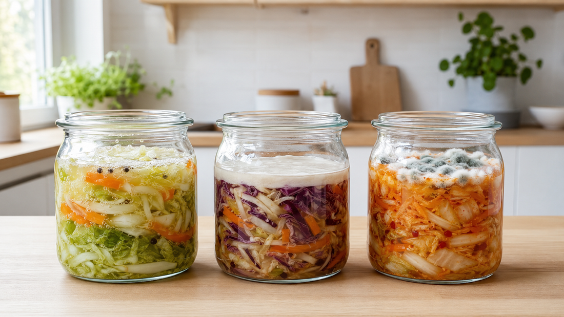 Healthy vegetable ferment, kahm yeast, and mould shown side by side in a bright modern kitchen