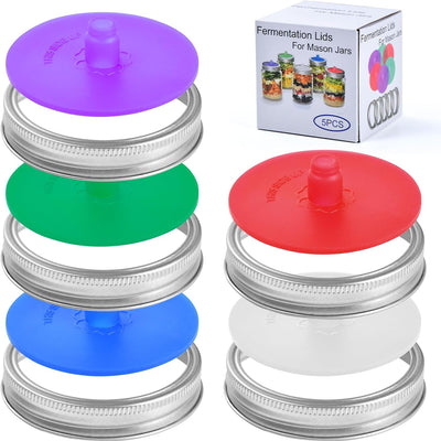 Fermentation Airlock Lids with Rings for Wide Mouth Mason Jars - 5 pack