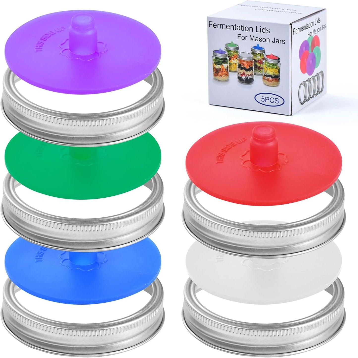 Fermentation Airlock Lids with Rings for Wide Mouth Mason Jars - 5 pack